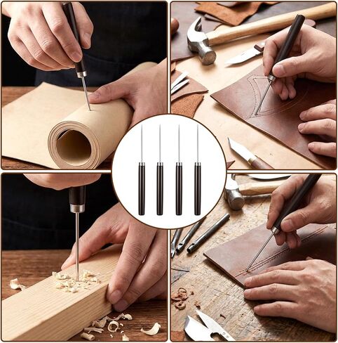 4 Pcs Leather Sewing Awl Tool, Scratch Awl Tool with Wooden Handle for Punching, Stitching & Marking, Heavy Duty Leather Awls for Shoe Repair & DIY Craft in Kuwait