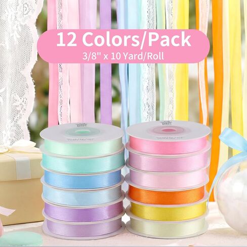 woric 120 Yards Rainbow Ribbon 12 Colors 3/8" x 10 Yards/Roll, Colorful Satin Spring Ribbon for Craft Projects Hair Bows Gift Wrapping Wedding Baby Shower Party Holiday Decor in Kuwait