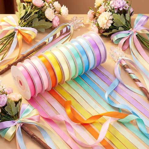 woric 120 Yards Rainbow Ribbon 12 Colors 3/8" x 10 Yards/Roll, Colorful Satin Spring Ribbon for Craft Projects Hair Bows Gift Wrapping Wedding Baby Shower Party Holiday Decor in Kuwait