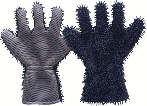 Pumio Car Wash Mitt Gloves, 1 Pair 5-Finger Microfibre Chenille Car Cleaning Gloves with Elastic Cuff, Wet Or Dry Wash Mitt for Cars, Wheels, Motorcycles, Windows and Household Dusting(Black+Gray) in Saudi Arabia