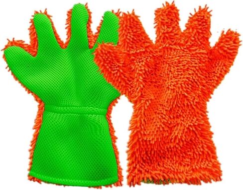 Pumio Car Wash Mitt Gloves, 1 Pair 5-Finger Microfibre Chenille Car Cleaning Gloves with Elastic Cuff, Wet Or Dry Wash Mitt for Cars, Wheels, Motorcycles, Windows and Household Dusting(Black+Gray) in Saudi Arabia