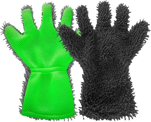 Pumio Car Wash Mitt Gloves, 1 Pair 5-Finger Microfibre Chenille Car Cleaning Gloves with Elastic Cuff, Wet Or Dry Wash Mitt for Cars, Wheels, Motorcycles, Windows and Household Dusting(Black+Gray) in Saudi Arabia