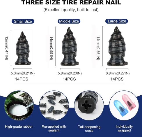 42PCS Tire Repair Rubber Nails Screws Kit with 2 Tubes Black Tire Sealant Glue & Screwdriver, 3 Sizes Universal Screw-in Tire Repair Plugs, Puncture Fix Tools for Car Motorcycle Truck ATV RV Tractor in Kuwait