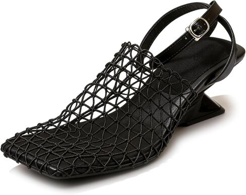 Womens Fishnet Wedge Sandals Closed Suqare Toe Block Heel Breathable Braid Mesh Slingback Pumps With Adjustable Ankle Buckle For Summer Beach Casual Dressy in Saudi Arabia