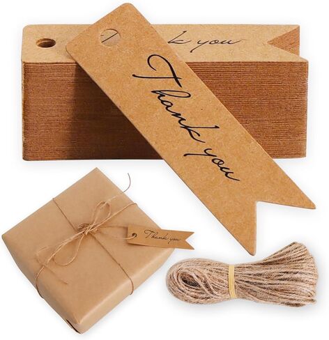 BEISHIDA 100PCS Small Thank You Gift Tags, 2.8 x 0.8 Inch White Kraft Paper Tags with String for Party Favors Wedding Gift Packing Business in Kuwait