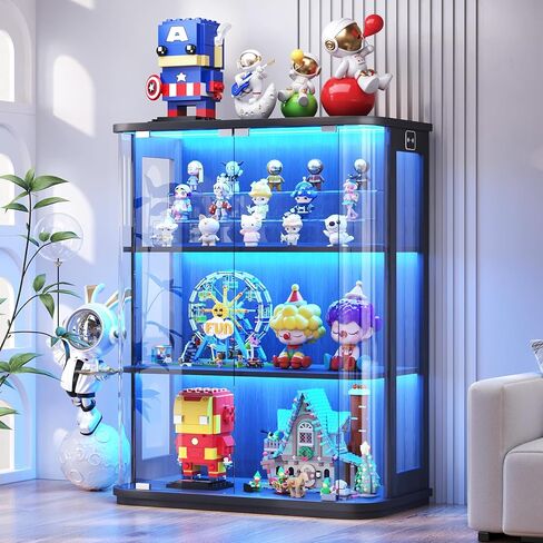 BROTTAR Rounded Display Cabinet with Glass Door, 3-Tier Curio Cabinet with 3 Color Lights for Collectibles, Glass Display Case with Transparent Full-Display Surface, Human Body Sensor, Black in Kuwait