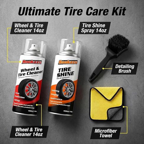 Tire Cleaner and Shine Kit- 14 oz Bottles, All-in-One Tire Care Set with Tire Cleaning Spray and High Gloss Tire Coating, Deep Cleaning, Wet Shine and Long-Lasting Protection for Cars, Trucks, SUVs in Kuwait