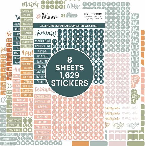 bloom daily planners Bright & Colorful Calendar Essentials Planner Stickers - 8 Sheets, 1629 Stickers Per Pack! - Color Coordinating Monthly Headings, Dates, Icons, Etc. - Happy Seasons in Kuwait