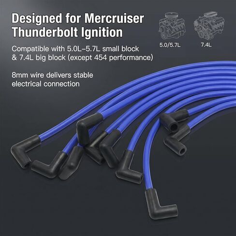 طقم ضبط الإشعال عالي الأداء، بديل لـ Mercruiser V8 5.0 5.7 Thunderbolt، مجموعة أسلاك توصيل الإشعال الزرقاء تحل محل 84-816608Q61 و805759Q3 in Kuwait