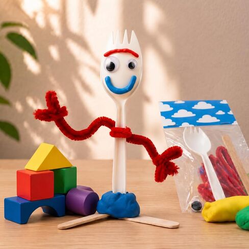 Foilswirl 50 Sets Fork Kit DIY Disposable Creativity Includes Sporks Red Pipe Cleaners Self Adhesive Wiggle Googly Sticks Card Bags Make Your Own Craft for Party Projects in Kuwait