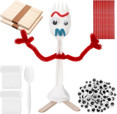 Foilswirl 50 Sets Fork Kit DIY Disposable Creativity Includes Sporks Red Pipe Cleaners Self Adhesive Wiggle Googly Sticks Card Bags Make Your Own Craft for Party Projects in Kuwait