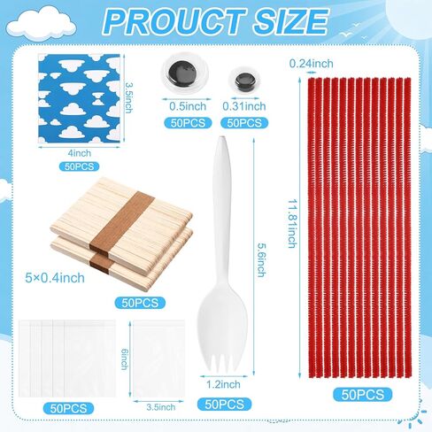 Foilswirl 50 Sets Fork Kit DIY Disposable Creativity Includes Sporks Red Pipe Cleaners Self Adhesive Wiggle Googly Sticks Card Bags Make Your Own Craft for Party Projects in Kuwait