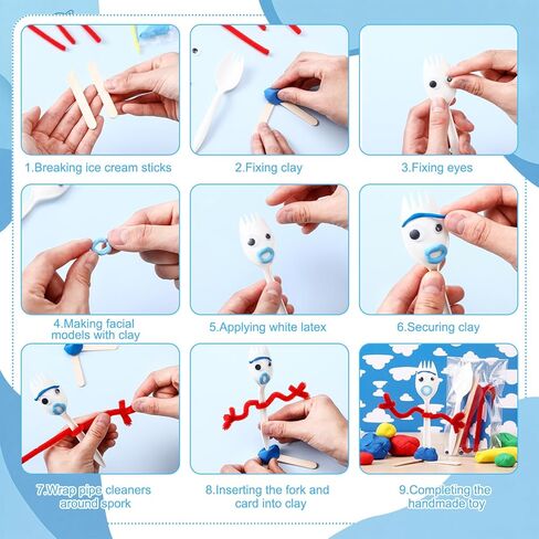 Foilswirl 50 Sets Fork Kit DIY Disposable Creativity Includes Sporks Red Pipe Cleaners Self Adhesive Wiggle Googly Sticks Card Bags Make Your Own Craft for Party Projects in Kuwait