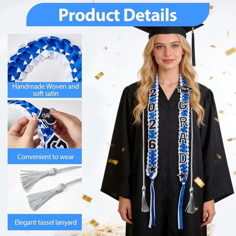 2 قطعة شريط التخرج Lei مجموعة شريط التخرج المضفر المزدوج Leis المصنوع يدويًا سلك الشرف المضفر لخريجي الكلية في المدرسة الثانوية لوازم الحفلات باللون الأزرق والأبيض in Kuwait