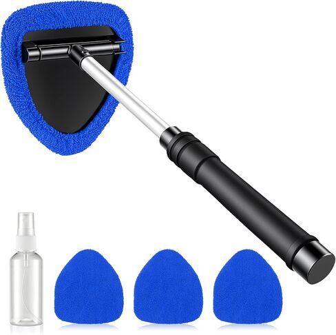 JUSTTOP Windshield Cleaner Tool, Car Interior and Exterior Window Cleaning Kit with Extendable Handle & 4 Reusable Microfiber Pads, Auto Glass Wiper Brush Kit for Car & Home Windows (Blue) in Kuwait
