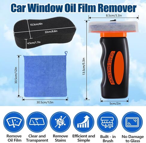 zxbaers Glass Oil Film Remover for Car, Glass Guard Cleaner with Car Wash Sponge and Towel, Glass Emulsion Cleaner, Remover Oil Film & Smudges, Improve Windshield Clarity for Safe Driving in Kuwait