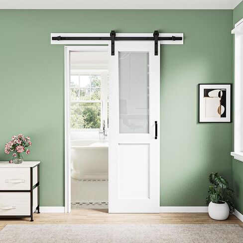 Half Frosted Glass and White Primed Solid Wood Sliding Barn Door with Installation Hardware Kit(No Assembly Required),30"x96" in Saudi Arabia