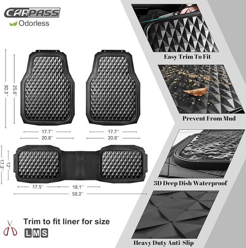 CAR PASS Heavy Duty Rubber Car Mats, Deep Dish All-Weather Floor Mat for Car Full Set Durable Anti-Slip 3D Rhombus Waterproof Trim to Fit Liner Universal Fit Automotive,Sedan,SUV,Truck, 3 Piece Black in Saudi Arabia