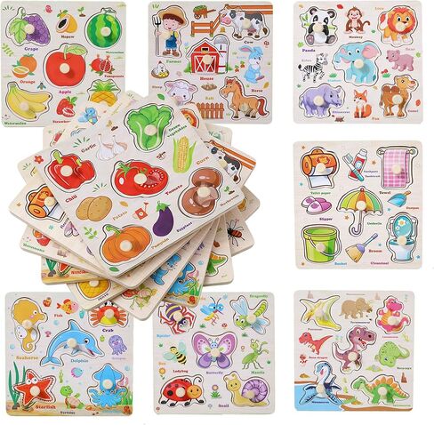 Wooden Puzzles for Toddlers 1-3, 8 Pack Peg Puzzles for Kids with Animals, Dinosaurs, Fruits, Vegetables, Educational Preschool Learning Toys, Birthday Gifts for Boys, Girls in Kuwait