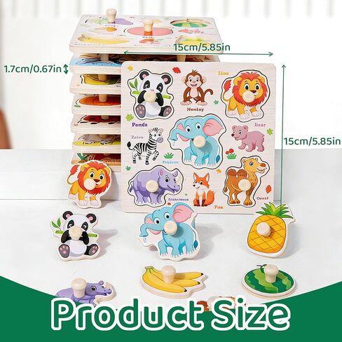 Wooden Puzzles for Toddlers 1-3, 8 Pack Peg Puzzles for Kids with Animals, Dinosaurs, Fruits, Vegetables, Educational Preschool Learning Toys, Birthday Gifts for Boys, Girls in Kuwait