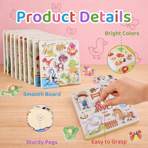 Wooden Puzzles for Toddlers 1-3, 8 Pack Peg Puzzles for Kids with Animals, Dinosaurs, Fruits, Vegetables, Educational Preschool Learning Toys, Birthday Gifts for Boys, Girls in Kuwait