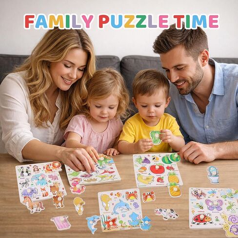Wooden Puzzles for Toddlers 1-3, 8 Pack Peg Puzzles for Kids with Animals, Dinosaurs, Fruits, Vegetables, Educational Preschool Learning Toys, Birthday Gifts for Boys, Girls in Kuwait
