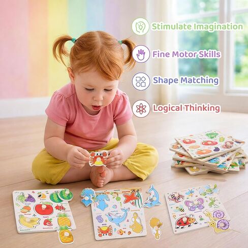 Wooden Puzzles for Toddlers 1-3, 8 Pack Peg Puzzles for Kids with Animals, Dinosaurs, Fruits, Vegetables, Educational Preschool Learning Toys, Birthday Gifts for Boys, Girls in Kuwait