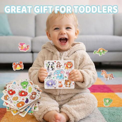 Wooden Puzzles for Toddlers 1-3, 8 Pack Peg Puzzles for Kids with Animals, Dinosaurs, Fruits, Vegetables, Educational Preschool Learning Toys, Birthday Gifts for Boys, Girls in Kuwait