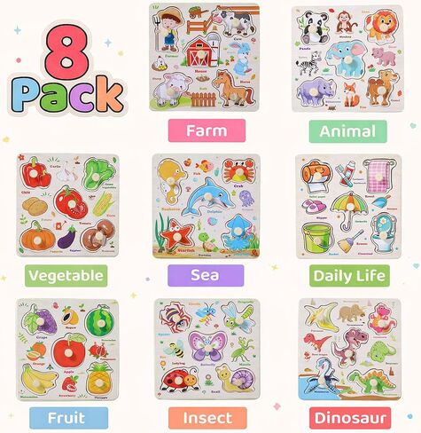 Wooden Puzzles for Toddlers 1-3, 8 Pack Peg Puzzles for Kids with Animals, Dinosaurs, Fruits, Vegetables, Educational Preschool Learning Toys, Birthday Gifts for Boys, Girls in Kuwait