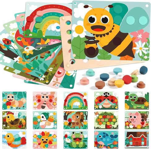 ألعاب خشبية Pegboard مطابقة الألوان للأطفال الصغار 2 3، لعبة فنية للأزرار لغز فسيفساء مع 30 زرًا و16 بطاقة، لعبة أزرار للأطفال الصغار لعبة محرك مونتيسوري الدقيقة هدية تعليمية للأولاد والبنات بعمر 2 3 4 5 in Kuwait