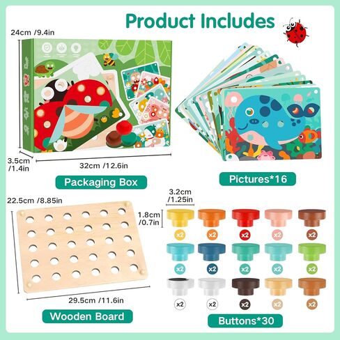 ألعاب خشبية Pegboard مطابقة الألوان للأطفال الصغار 2 3، لعبة فنية للأزرار لغز فسيفساء مع 30 زرًا و16 بطاقة، لعبة أزرار للأطفال الصغار لعبة محرك مونتيسوري الدقيقة هدية تعليمية للأولاد والبنات بعمر 2 3 4 5 in Kuwait