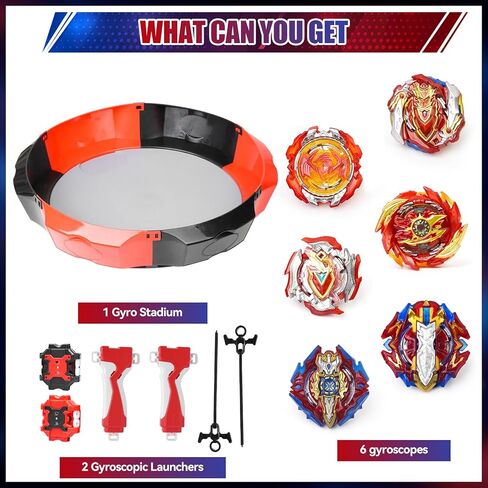 Battle Burst Tops Set with 17.8 Inch Large Stadium, 6 Spinning Tops with Two Launchers, Complete Battle Set (Red) in Kuwait