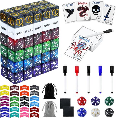 SIXPOINTS 149 Pieces MTG Dice Life Keyword Counter Dice Set with MTG Dry Erase Blank Cards Reusable Proxy Tokens,Keyword Counter Tokens Compatible with Magic The Gathering, TCG, Card Game Accessories in Kuwait