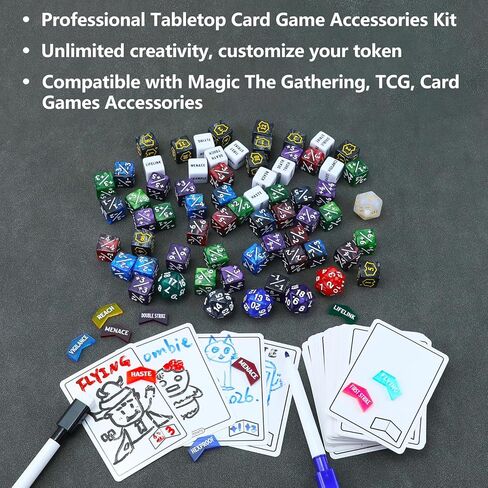 SIXPOINTS 149 Pieces MTG Dice Life Keyword Counter Dice Set with MTG Dry Erase Blank Cards Reusable Proxy Tokens,Keyword Counter Tokens Compatible with Magic The Gathering, TCG, Card Game Accessories in Kuwait