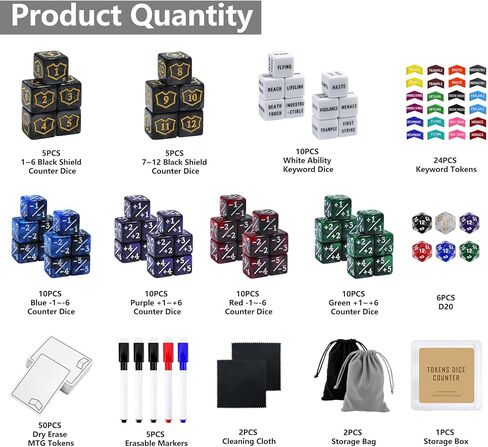 SIXPOINTS 149 Pieces MTG Dice Life Keyword Counter Dice Set with MTG Dry Erase Blank Cards Reusable Proxy Tokens,Keyword Counter Tokens Compatible with Magic The Gathering, TCG, Card Game Accessories in Kuwait
