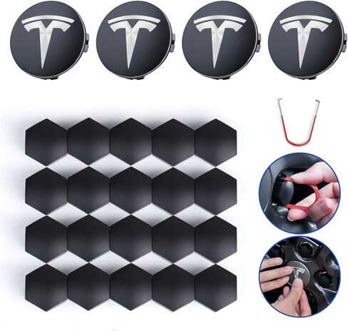 أغطية مركز العجلة لطراز Tesla 3/Y/S/X أحدث إصدار، طقم شعار غطاء مركزي مكون من 4 قطع مع 20 غطاء صواميل وأداة إزالة، شعار فضي أسود غير لامع، ABS مقاوم للماء ومضاد للصدأ والغبار in Kuwait