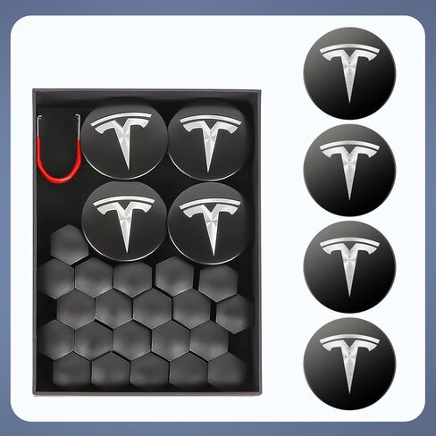 أغطية مركز العجلة لطراز Tesla 3/Y/S/X أحدث إصدار، طقم شعار غطاء مركزي مكون من 4 قطع مع 20 غطاء صواميل وأداة إزالة، شعار فضي أسود غير لامع، ABS مقاوم للماء ومضاد للصدأ والغبار in Kuwait