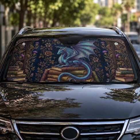 ThangPham Shop Fantasy Book Dragon Car Sunshade، سحري Dragon Book Lover Windshield Sun Shade، Fantasy Reading Theme Auto Sun Protector in Kuwait