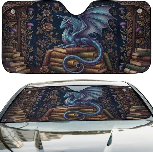 ThangPham Shop Fantasy Book Dragon Car Sunshade، سحري Dragon Book Lover Windshield Sun Shade، Fantasy Reading Theme Auto Sun Protector in Kuwait