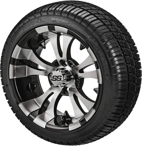 RM Cart 12" Warlock Black/Machined on 205/30-12 Deli Tires (Set of 4) | Golf Cart Tires and Wheels Combo with Standard Lug Nuts in Saudi Arabia