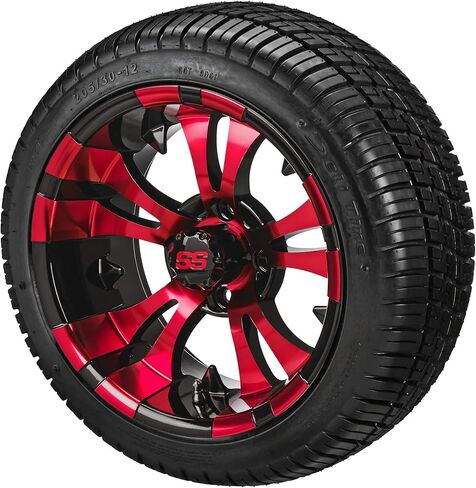 RM Cart 12" Warlock Black/Machined on 205/30-12 Deli Tires (Set of 4) | Golf Cart Tires and Wheels Combo with Standard Lug Nuts in Saudi Arabia