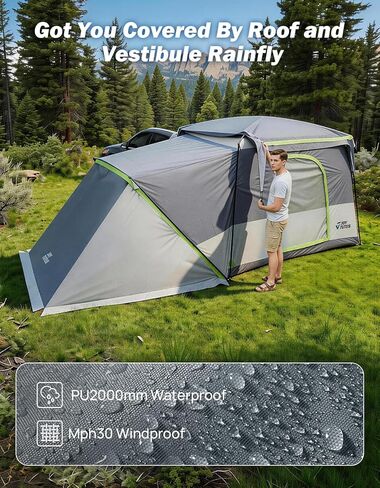 JOYTUTUS SUV Tent with 2 Rooms, Rainfly & Awning for Family Camping, 60% More Space Car Tent for 5-9 Person, Dual-Use for SUV or Ground Camping Tent with Screen Porch, Double Door,Mesh Roof in Kuwait