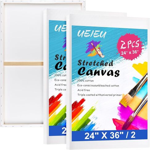 Stretched Canvas for Painting 24 x 36 Inch, 2 Pack Large Blank Canvas, Triple Primed Acid-Free Cotton, Professional Canvas for Acrylic Oil Pouring & Wet Media in Kuwait