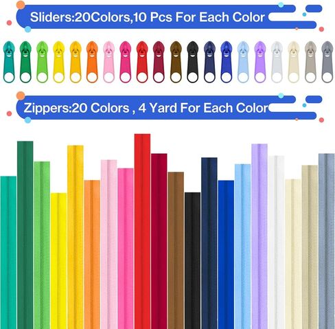 80 Yards 20 Pcs Sewing Colors Zippers Bulk #3 Nylon Coil Assorted Lengths Sewing Zipper with 200Pcs Pull Heads, for DIY Sewing, Bag Pack, Crafts Zipper Tape for Clothes, Purse Making Supplies Kit in Kuwait