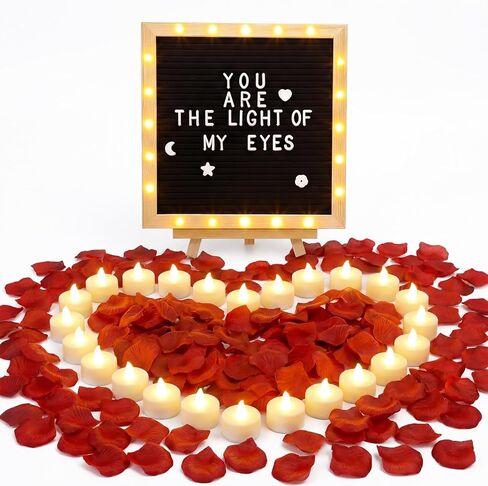 LED Felt Letter Board with Rose Petals and Candles Set, Word Board with Letters, Artificial Rose Petals Flameless Tea Light Candles for Special Night Wedding Romantic Decorations in Kuwait