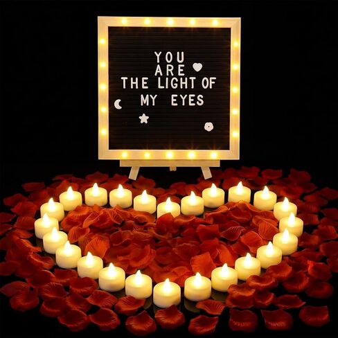 LED Felt Letter Board with Rose Petals and Candles Set, Word Board with Letters, Artificial Rose Petals Flameless Tea Light Candles for Special Night Wedding Romantic Decorations in Kuwait