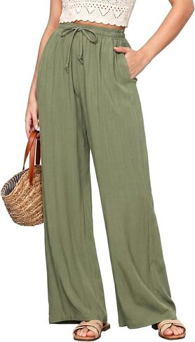 GRAPENT Wide Leg Pants Woman Linen High Waisted Pull On Flowy Casual Baggy Drawstring Palazzo Trousers Pants Resort Wear in Saudi Arabia