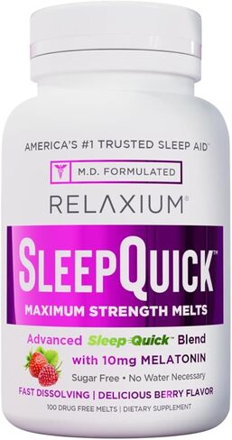 Relaxium Sleep Quick Maximum Strength Melts, Fast Acting Sleep Aid with 10 mg Melatonin, Drug Free Dietary Supplement, Vegan, Gluten Free, Made in USA, 100 Servings, Berry Flavor in Saudi Arabia