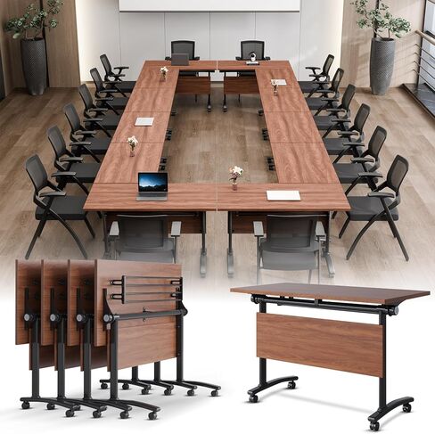 Folding Conference Room Tables On Wheel -Modular Large Modern Conference Table,Stackable Flip Top Meeting Training Table,Space Saving,for Office，Seminar,Classroom(8pack,71IN,Walunt B) in Kuwait