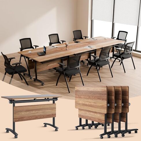 Folding Conference Room Tables On Wheel -Modular Large Modern Conference Table,Stackable Flip Top Meeting Training Table,Space Saving,for Office，Seminar,Classroom(8pack,71IN,Walunt B) in Kuwait